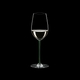 RIEDEL Fatto A Mano Riesling/Zinfandel Green R.Q. filled with a drink on a black background