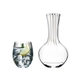 An unfilled RIEDEL Performance Decanter, a group of three unfilled Optical O Longdrink glasses and an Optical O Longdrink glass filled with a decorated Gin Tonic stand side by side on white background.