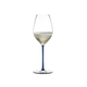 RIEDEL Fatto A Mano Champagne Wine Glass Dark Blue filled with a drink on a white background