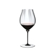 RIEDEL Fatto A Mano Performance Pinot Noir Black Stem filled with a drink on a white background