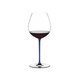 RIEDEL Fatto A Mano Pinot Noir Dark Blue R.Q. filled with a drink on a white background