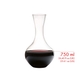 Red wine filled RIEDEL Syrah decanter on white background with product dimensions