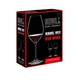 An unfilled RIEDEL Wine Friendly Red Wine glass against a white background with product dimensions.