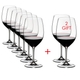 6 RIEDEL Vinum Cabernet Sauvignon/Merlot (Bordeaux) glasses are slightly offset one behind the other on the right and two glasses on the left. A red plus sign is placed between the glasses. All 8 wine glasses are filled with red wine.