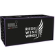 4 unfilled RIEDEL Winewings glasses (f.l.t.r. Syrah, Pinot Noir/Nebbiolo, Riesling and Chardonnay) slightly offset side by side on white background with product dimensions