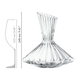 The unfilled SPIEGELAU Lifestyle Decanter on a white background with product dimensions and a schematic drawing of a wine glass with height indication, to illustrate the size relationship.