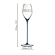 A RIEDEL High Performance Champagne Glass with a darkblue stem filled with champagne with focus on the optical rim of the glass which is zoomed in on white background