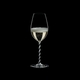 RIEDEL Fatto A Mano Champagne Wine Glass Black & White R.Q. filled with a drink on a black background