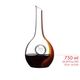 Red wine filled RIEDEL Chinese Zodiac Ox Decanter with red and gold stripe down one side and an embedded zodiac symbol for the Ox in the center on white background with product dimensions.