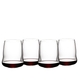Four SL RIEDEL Stemless Wings Cabernet/Merlot glasses filled with red wine stand side by side or slightly behind each other on a white background.