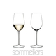 Two RIEDEL Sommeliers Riesling Grand Cru/Zinfandel glasses side by side on white background. The wine glass on the left side is filled with white wine, the other one is empty.