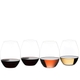 Four RIEDEL Wine Friendly Tumbler side by side against a white background. Two glasses are filled with red wine, one glass is filled with rosé wine and the fourth glass is filled white wine. 
