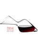 The RIEDEL Altitude Matters Decanter filled with red wine on a white background with product dimensions and a schematic drawing of a RIEDEL wine glass with height indication, to illustrate the size relationship.