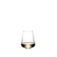 Four SL RIEDEL Stemless Wings Aromatic White Wine/Champagne Wine Glasses filled with white wine on a transparent background.