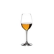 RIEDEL Vinum Sauvignon Blanc/Dessertwine con bebida en un fondo blanco