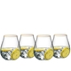 Four RIEDEL Gin Set Limited Edition Gold Rim glasses filled with gin tonic on a white background.