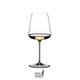 A RIEDEL Winewings Chardonnay glass filled with white wine