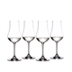 Four RIEDEL Aquavit glasses filled with Aquavit stand side by side against a white background.