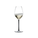 RIEDEL Fatto A Mano Champagne Wine Glass Black R.Q. filled with a drink on a white background