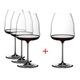 Three plus one RIEDEL Winewings Pinot Noir/Nebbiolo glasses filled with red wine on a white background.
