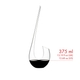 Red wine filled RIEDEL Swan Mini Decanter on white background with product dimensions