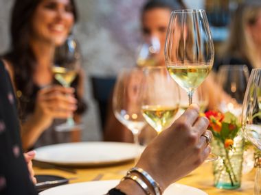 Lifestyle image of people at a table holding their RIEDEL Performance Riesling glasses filled with white wine.