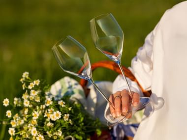 a woman is holding two empty champagne wine glasses, and stands in a meadow with flowers