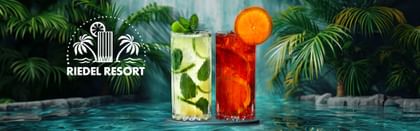 two cocktails in RIEDEL Resort glassware with a tropical background