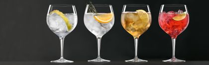 Une rangée de verres à gin et tonic SPIEGELAU remplis de différents cocktails à base de gin joliment décorés.<br/>