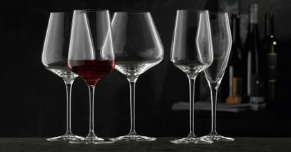 The NACHTMANN Vinova crystal glass series with the with red wine filled red wine glass and the empty Bordeaux glass, Burgundy glass, White Wine Glass and Champagne glass.