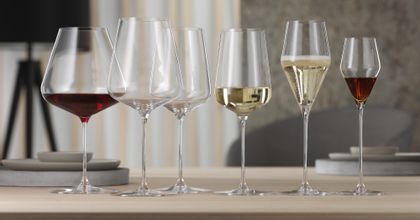 The SPIEGELAU Definition glass series, starting from the left with the filled Burgundy glass, followed by the empty Bordeaux glass and universal glass, the filled white wine glass, the filled Champagne glass and the filled digestive glass.
