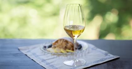 RIEDEL wine glass and apple strudel outdoors