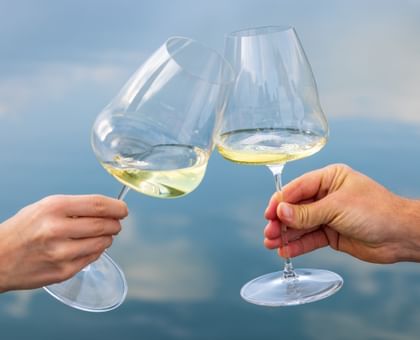 RIEDEL Winewings by water filled with white wine held by two hands.