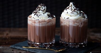 hot chocolate with whipped cream in RIEDEL glassware