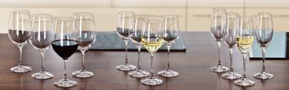 RIEDEL glassware lined up on table