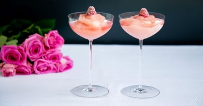 RIEDEL Superleggero Coupe / Cocktail / Moscato with a rose sorbet cocktail in it and flowers in the background