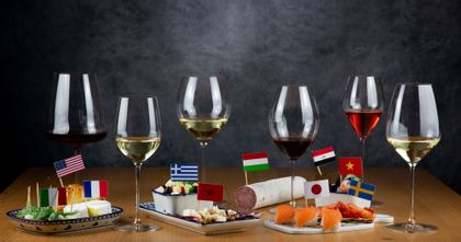 Serveral RIEDEL glasses with specific food and wine for different countries