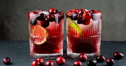 RIEDEL Tumbler Collection Shadows Tumbler with a cranberry cocktail and cranberries as decoration