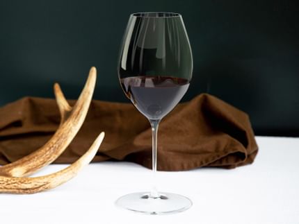 RIEDEL Performance Shiraz glass on bench filled with red wine with a brown cloth in the background.