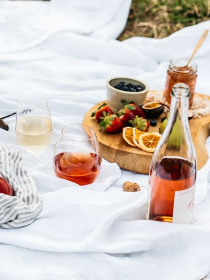 a blanket outside with Riedel O to go glasses and a fruite plate