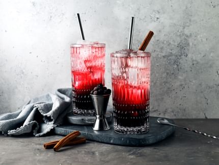 Dos vasos long drink NACHTMANN Ethno llenos de un cóctel negro y rojo, decorados con una rama de canela
