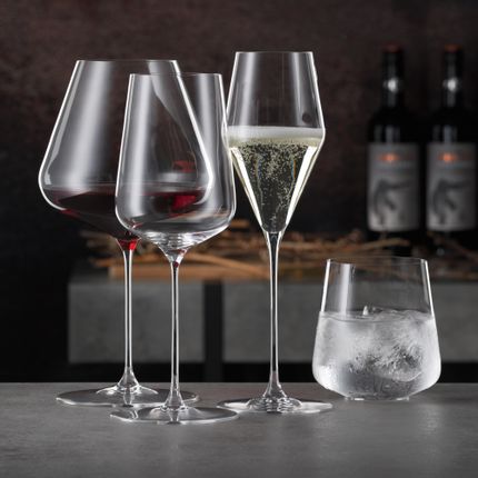 The SPIEGELAU Definition Burgundy glass filled with red wine, the filled Champagne glass, the empty white wine glass and the tumbler filled with water and ice cubes.<br/>