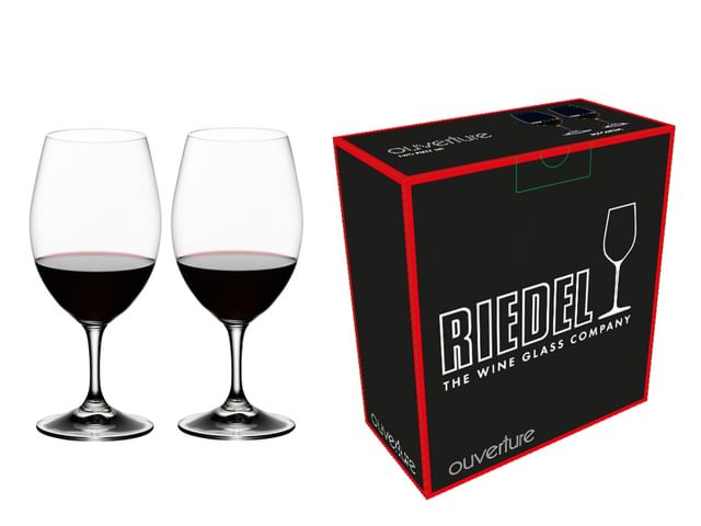 Two RIEDEL Ouverture Magnum product images filled on the left and its packaging on the right.