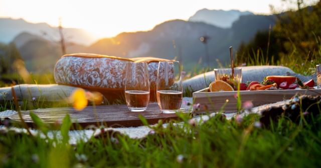 two stemless glasses in picnic setting