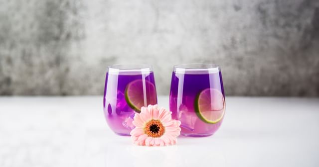Butterfly pea flower tea in two REIDEL stemless glasses
