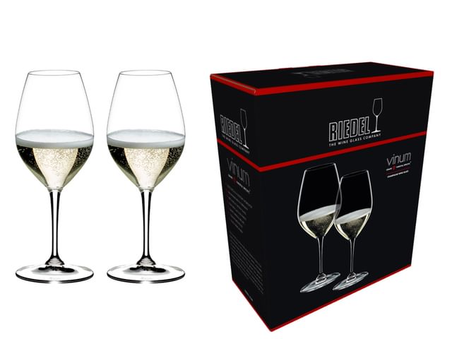 Two RIEDEL Vinum Champagne product images filled on the left and its packaging on the right.