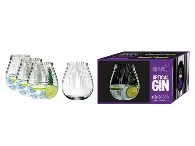 Four RIEDEL Optical Gin Set product images filled on the left and its packaging on the right.