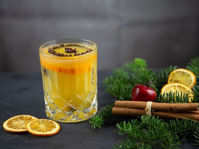 Mulled gin in a NACHTMANN Noblesse Tumbler surrounded by dried oranges and a branch.<br/>