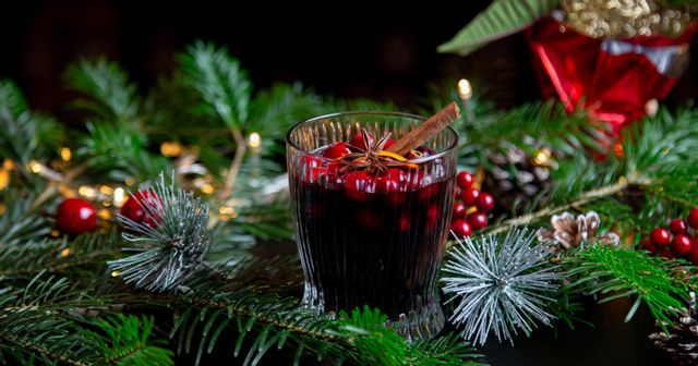 mulled wine in a RIEDEL Fire Glass in the background is a poinsettia plant and fir branches